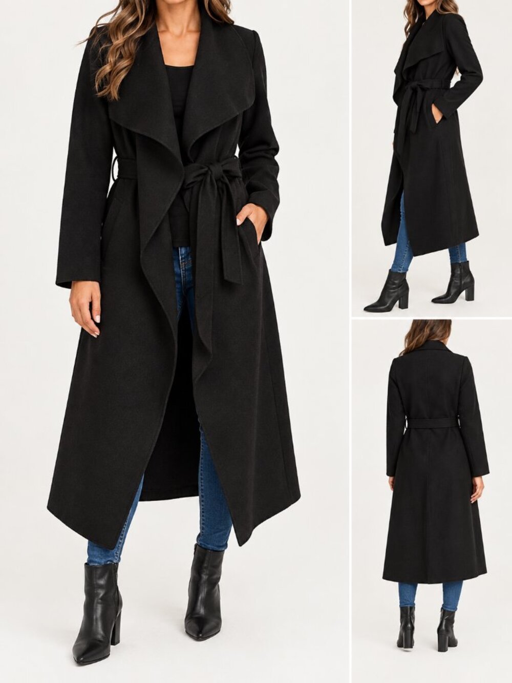 PrettyLittleThing Black Maxi Waterfall Belted Coat One Size NWT